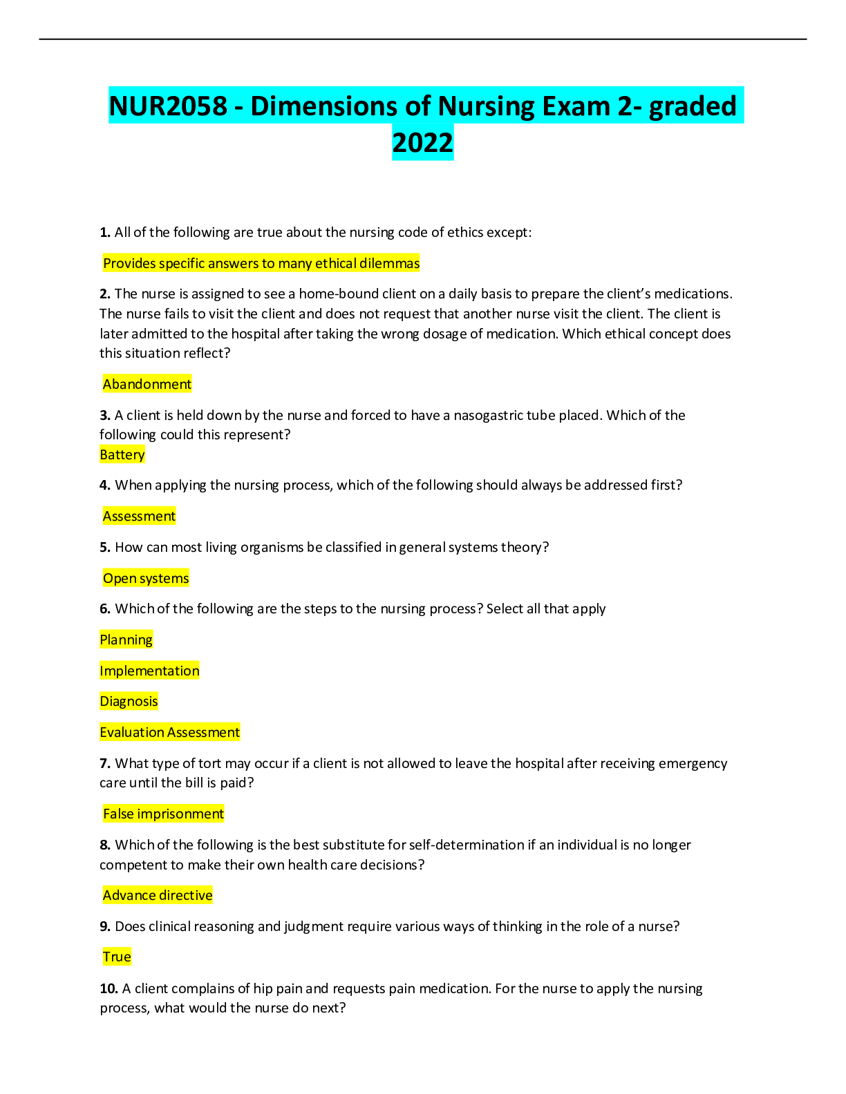 Preview of NUR2058 - Dimensions of Nursing Exam 2- graded 2022